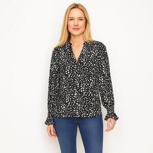 2/$30 Ecowish All Over Spot Blouson Sleeve Blouse Black Large #A0296 TRB2